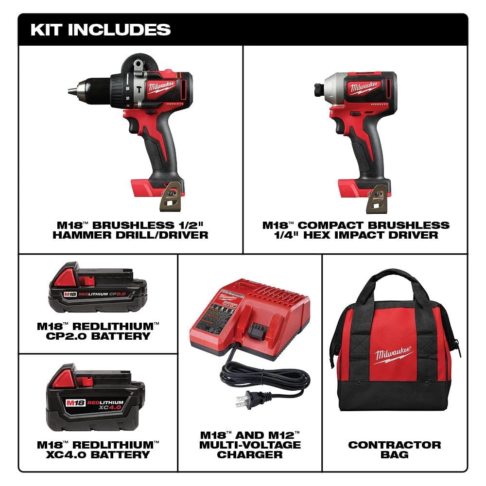 Milwaukee M18 18V Lithium-Ion Brushless Cordless Hammer Drill/Impact Combo Kit (2-Tool) with 2 Batteries, Charger and Bag 4 Milwaukee M18 18V Lithium-Ion Brushless Cordless Hammer Drill/Impact Combo Kit (2-Tool) with 2 Batteries, Charger and Bag - Image 2