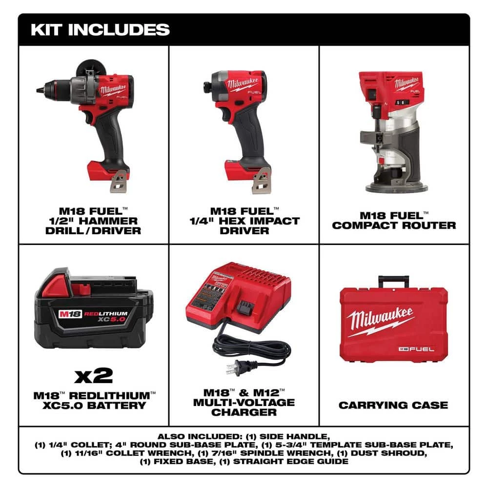 Milwaukee M18 FUEL 18-V Lithium-Ion Brushless Cordless Hammer Drill and Impact Driver Combo Kit (2-Tool) with Router 5 Milwaukee M18 FUEL 18-V Lithium-Ion Brushless Cordless Hammer Drill and Impact Driver Combo Kit (2-Tool) with Router - Image 3