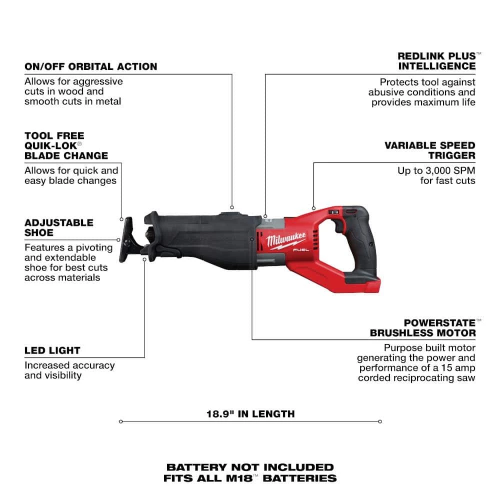 Milwaukee M18 FUEL 18V Lithium-Ion Brushless Cordless Super SAWZALL Orbital Reciprocating Saw (Tool-Only) 5 Milwaukee M18 FUEL 18V Lithium-Ion Brushless Cordless Super SAWZALL Orbital Reciprocating Saw (Tool-Only) - Image 3