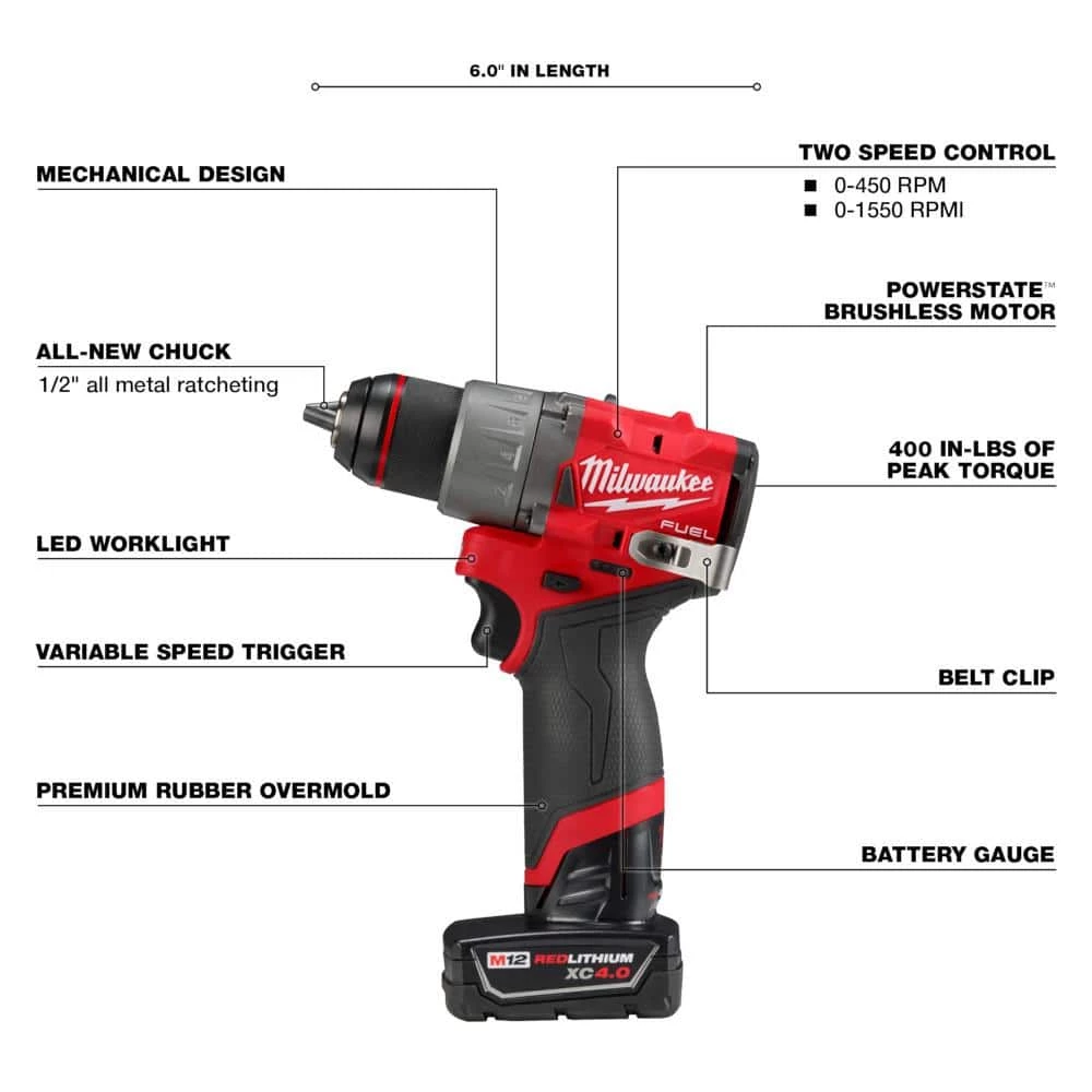 Milwaukee M12 FUEL 12V Lithium-Ion Brushless Cordless Hammer Drill and Impact Driver Combo Kit w/2 Batteries and Bag (2-Tool) 7 Milwaukee M12 FUEL 12V Lithium-Ion Brushless Cordless Hammer Drill and Impact Driver Combo Kit w/2 Batteries and Bag (2-Tool) - Image 5