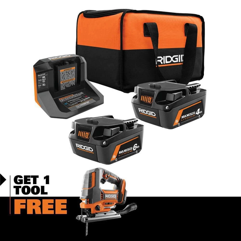 RIDGID 18V 6.0 Ah and 4.0 Ah MAX Output Lithium-Ion Batteries and Charger Kit with Bag and 18V Brushless Jig Saw 3 RIDGID 18V 6.0 Ah and 4.0 Ah MAX Output Lithium-Ion Batteries and Charger Kit with Bag and 18V Brushless Jig Saw