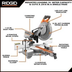 RIDGID 15 Amp Corded 12 in. Dual Bevel Sliding Miter Saw with 70 Deg. Miter Capacity and LED Cut Line Indicator -Power Tools Sales Store ridgid miter saws r4222 40 1000