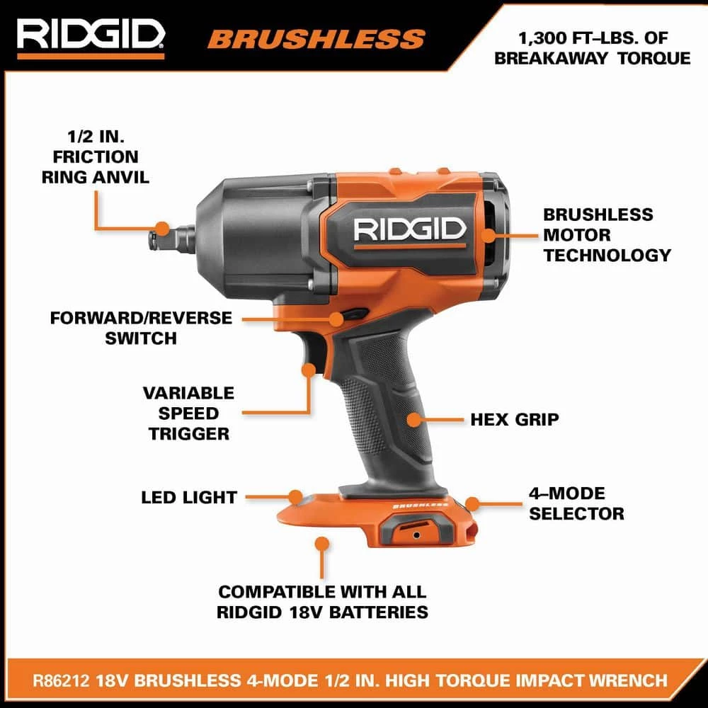 RIDGID 18V Brushless Cordless 2-Tool Combo Kit with High-Torque Impact Wrench, Jig Saw, 4.0 Ah Battery, and Charger 5 RIDGID 18V Brushless Cordless 2-Tool Combo Kit with High-Torque Impact Wrench, Jig Saw, 4.0 Ah Battery, and Charger - Image 3