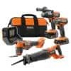 RIDGID 18V Brushless Cordless 4-Tool Combo Kit with (1) 4.0 Ah and (1) 2.0 Ah MAX Output Batteries, 18V Charger, and Tool Bag