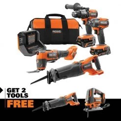 RIDGID 18V Brushless Cordless 4-Tool Combo Kit w/ 18V Brushless Reciprocating Saw, 18V Brushless Jig Saw