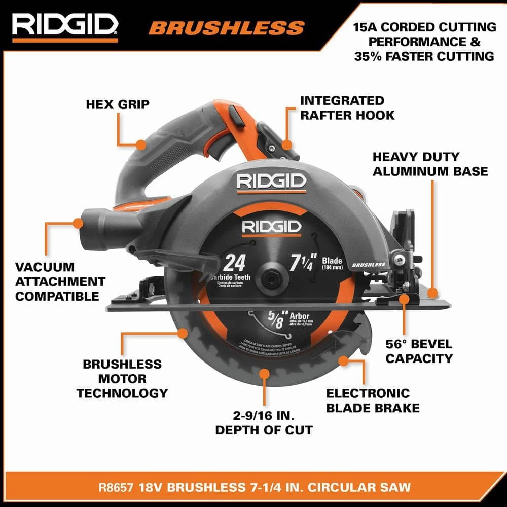 RIDGID 18V Brushless Cordless 4-Tool Combo Kit w/ 18V Brushless 7-1/4 in. Circular Saw, 18V Brushless Jig Saw 5 RIDGID 18V Brushless Cordless 4-Tool Combo Kit w/ 18V Brushless 7-1/4 in. Circular Saw, 18V Brushless Jig Saw - Image 3