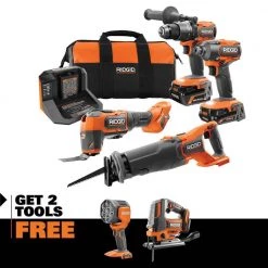 RIDGID 18V Brushless Cordless 4-Tool Combo Kit w/ 18V Cordless LED Spotlight, 18V Brushless Jig Saw