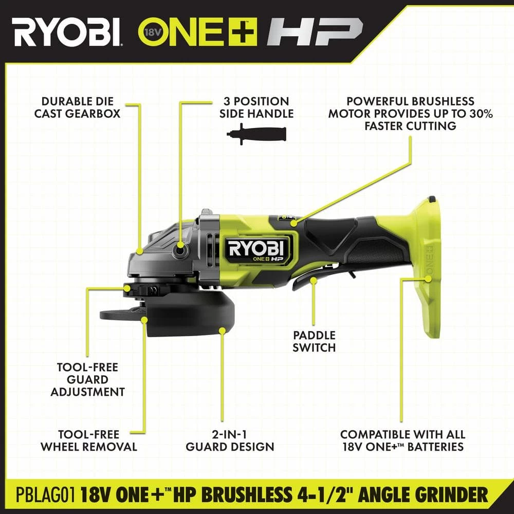 RYOBI ONE+ HP 18V Brushless Cordless 4-1/2 in. Angle Grinder (Tool Only) 5 RYOBI ONE+ HP 18V Brushless Cordless 4-1/2 in. Angle Grinder (Tool Only) - Image 3