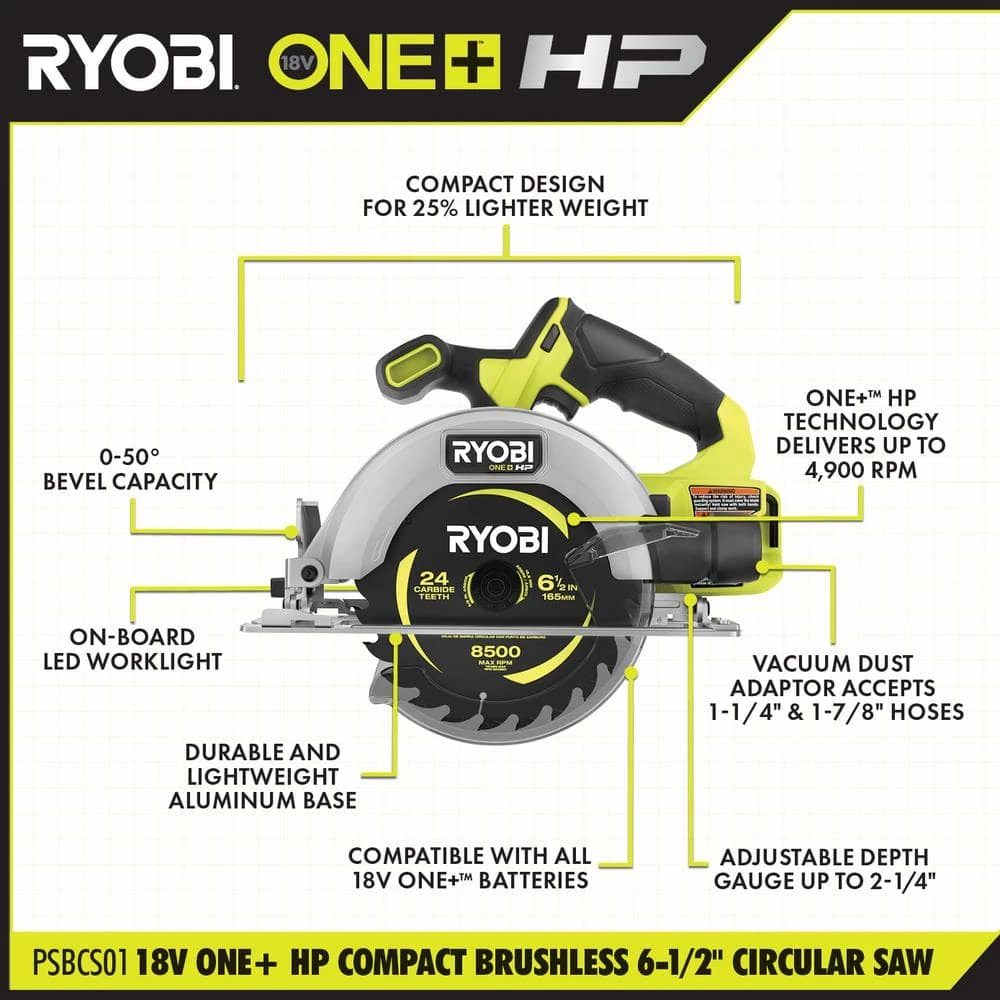 RYOBI ONE+ HP 18V Brushless Cordless Compact 6-1/2 in. Circular Saw (Tool Only) 5 RYOBI ONE+ HP 18V Brushless Cordless Compact 6-1/2 in. Circular Saw (Tool Only) - Image 3