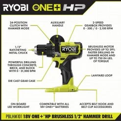 RYOBI ONE+ HP 18V Brushless Cordless 1/2 in. Hammer Drill Kit with (2) 2.0 Ah Batteries, Charger, and Bag -Power Tools Sales Store ryobi hammer drills pblhm101k2 40 1000