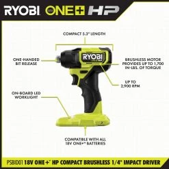 RYOBI ONE+ HP 18V Brushless Cordless Compact 1/4 in. Impact Driver Kit with (2) 1.5 Ah Batteries, Charger and Bag -Power Tools Sales Store ryobi impact drivers psbid01k a0 1000