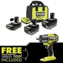 RYOBI ONE+ 18V Lithium-Ion 2.0 Ah, 4.0 Ah, and 6.0 Ah HIGH PERFORMANCE Batteries and Charger Kit w/ HP Brushless Impact Wrench