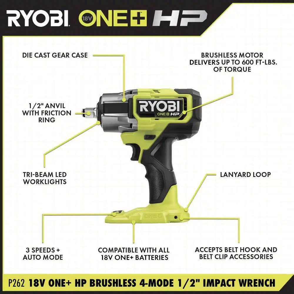 RYOBI ONE+ 18V Lithium-Ion 2.0 Ah, 4.0 Ah, and 6.0 Ah HIGH PERFORMANCE Batteries and Charger Kit w/ HP Brushless Impact Wrench 5 RYOBI ONE+ 18V Lithium-Ion 2.0 Ah, 4.0 Ah, and 6.0 Ah HIGH PERFORMANCE Batteries and Charger Kit w/ HP Brushless Impact Wrench - Image 3