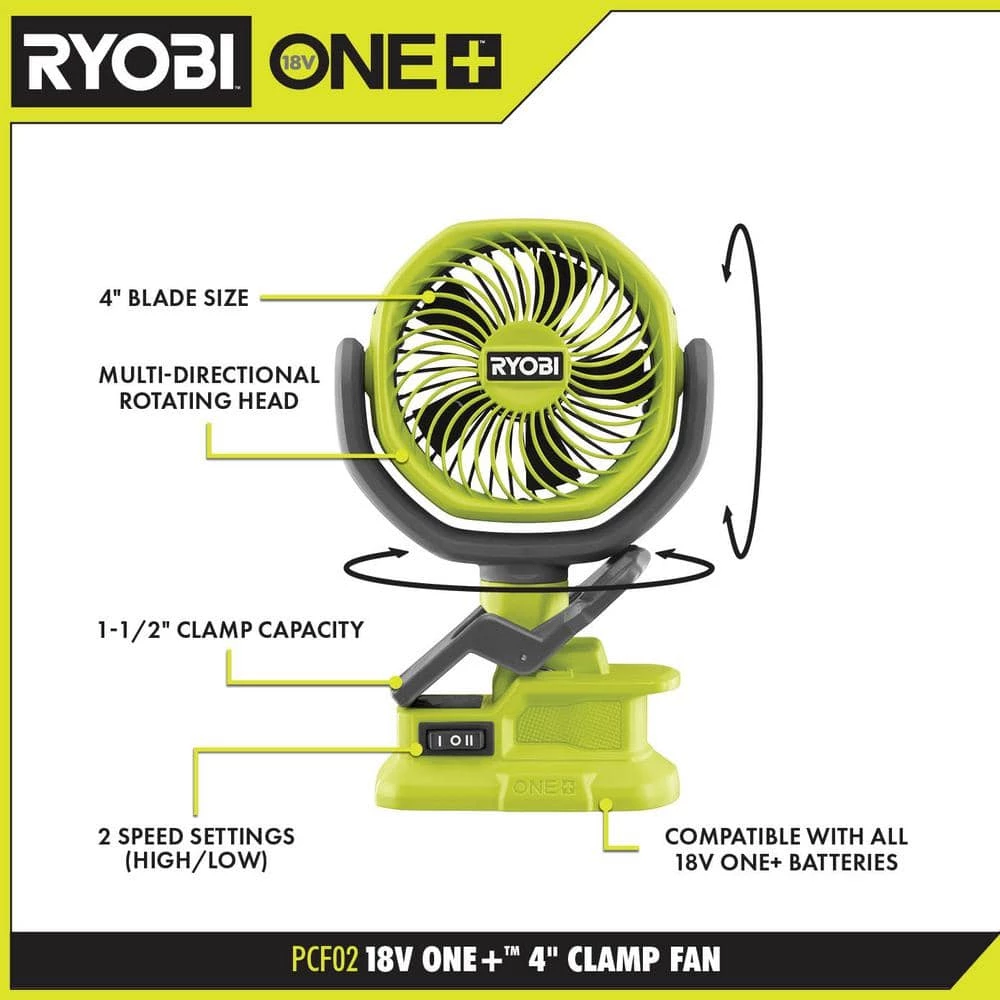 RYOBI ONE+ 18V Cordless 4 in. Clamp Fan (Tool Only) 5 RYOBI ONE+ 18V Cordless 4 in. Clamp Fan (Tool Only) - Image 3