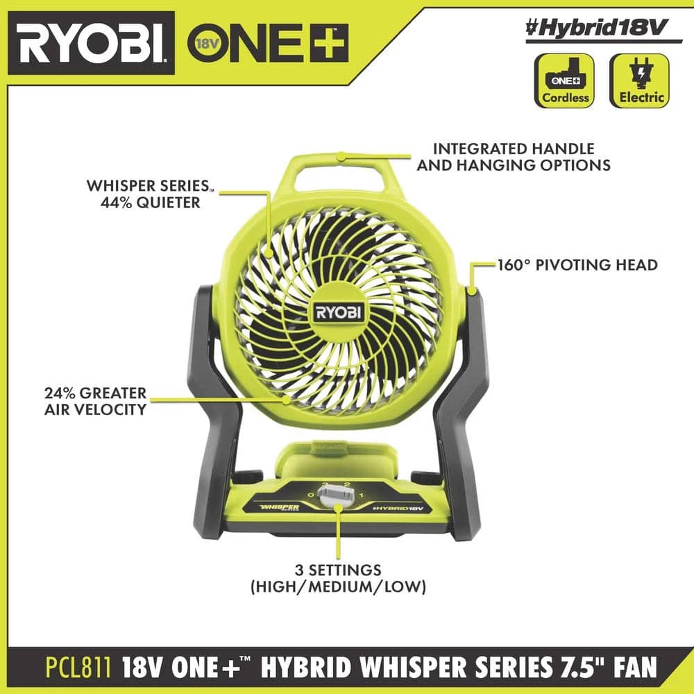 RYOBI ONE+ 18V Cordless Hybrid WHISPER SERIES 7-1/2 in. Fan (Tool Only) 5 RYOBI ONE+ 18V Cordless Hybrid WHISPER SERIES 7-1/2 in. Fan (Tool Only) - Image 3