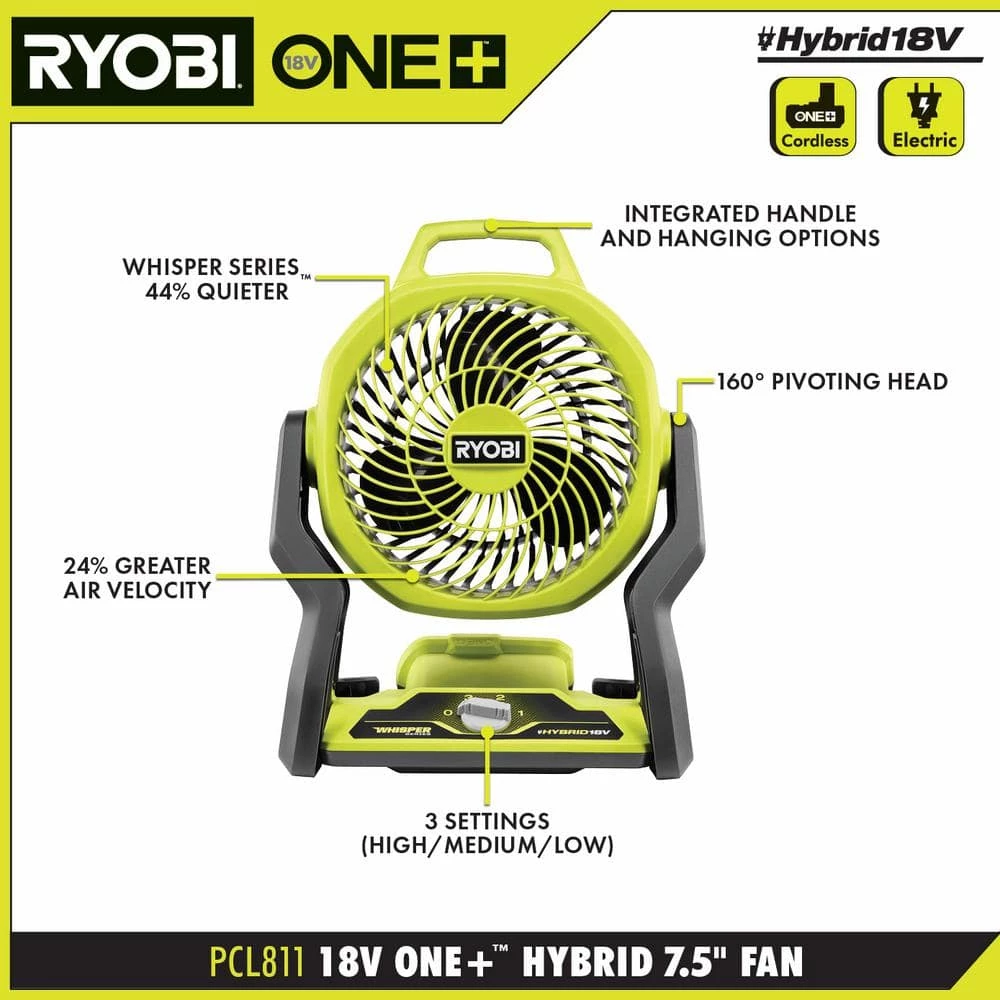 RYOBI ONE+ 18V Cordless Hybrid WHISPER SERIES 7-1/2 in. Fan Kit with 2.0 Ah Battery and Charger 5 RYOBI ONE+ 18V Cordless Hybrid WHISPER SERIES 7-1/2 in. Fan Kit with 2.0 Ah Battery and Charger - Image 3