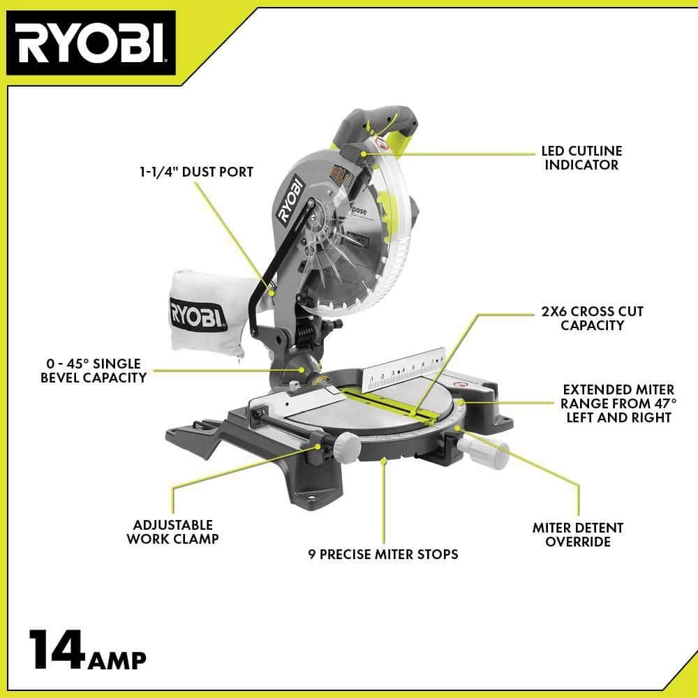 RYOBI 14 Amp Corded 10 in. Compound Miter Saw with LED Cutline Indicator 5 RYOBI 14 Amp Corded 10 in. Compound Miter Saw with LED Cutline Indicator - Image 3