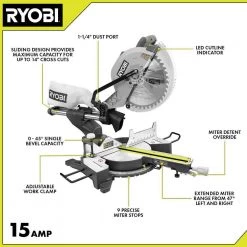 RYOBI 15 Amp 12 in. Corded Sliding Compound Miter Saw with LED Cutline Indicator 13 RYOBI 15 Amp 12 in. Corded Sliding Compound Miter Saw with LED Cutline Indicator -Power Tools Sales Store ryobi miter saws tss121 40 1000