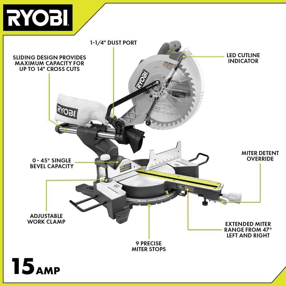 RYOBI 15 Amp 12 in. Corded Sliding Compound Miter Saw with LED Cutline Indicator 5 RYOBI 15 Amp 12 in. Corded Sliding Compound Miter Saw with LED Cutline Indicator - Image 3