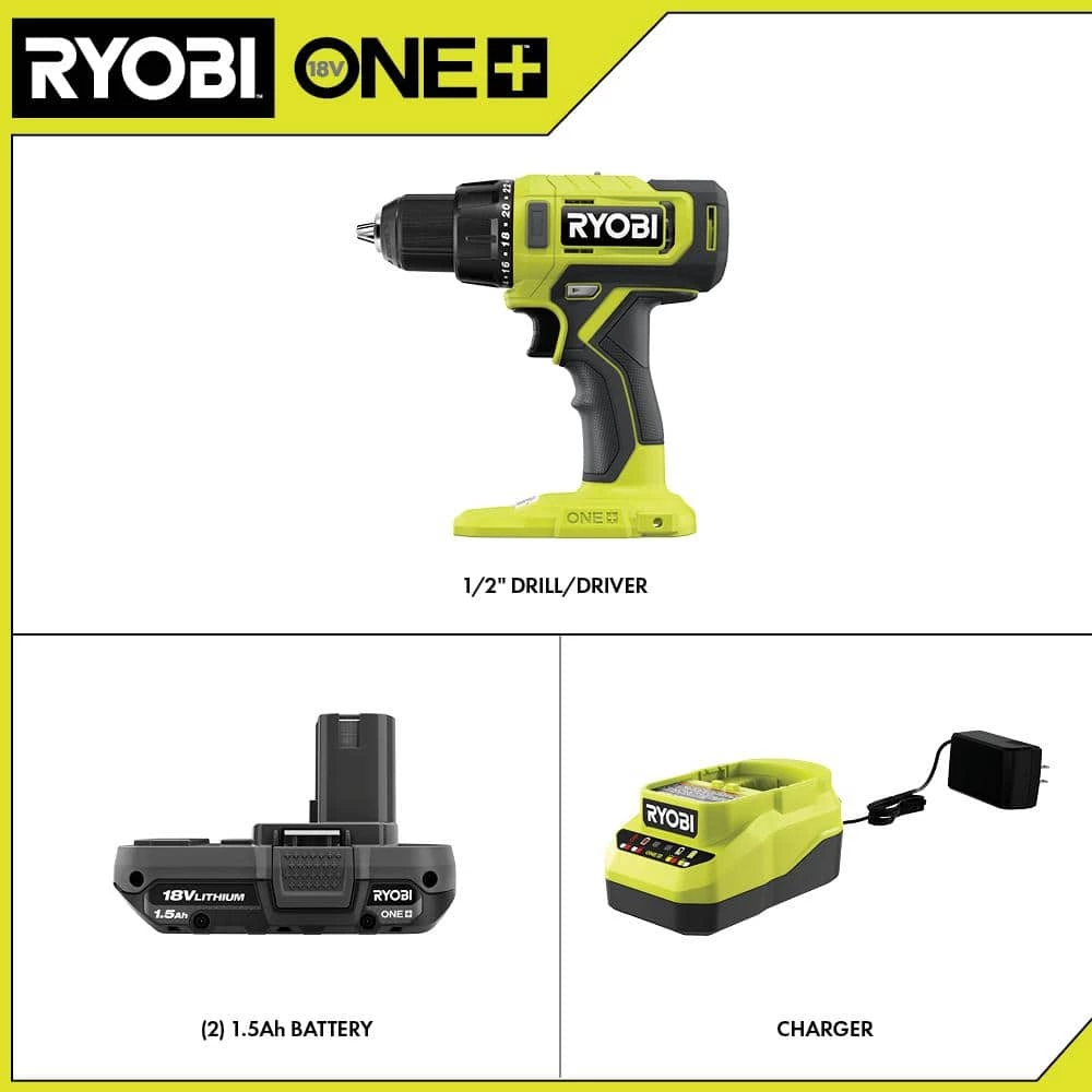 RYOBI ONE+ 18V Cordless 1/2 in. Drill/Driver Kit with (2) 1.5 Ah Batteries and Charger 4 RYOBI ONE+ 18V Cordless 1/2 in. Drill/Driver Kit with (2) 1.5 Ah Batteries and Charger - Image 2