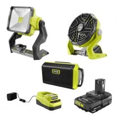 RYOBI ONE+ 18V Cordless 3-Tool Campers Combo Kit with Work Light, Speaker, Fan, 1.5 Ah Battery, and Charger