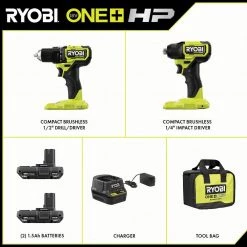 RYOBI ONE+ HP 18V Brushless Cordless Compact 1/2 in. Drill and Impact Driver Kit with (2) 1.5 Ah Batteries, Charger and Bag -Power Tools Sales Store ryobi power tool combo kits psbck01k de 1000