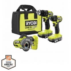 RYOBI ONE+ HP 18V Brushless Cordless Compact 1/2 in. Drill/Driver, Impact Driver, Cut-Off Tool, (2) Batteries, Charger, Bag