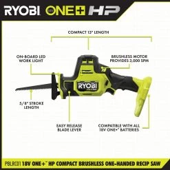 RYOBI ONE+ HP 18V Brushless Cordless Compact One-Handed Reciprocating Saw (Tool Only) -Power Tools Sales Store ryobi reciprocating saws psbrs01b 40 1000